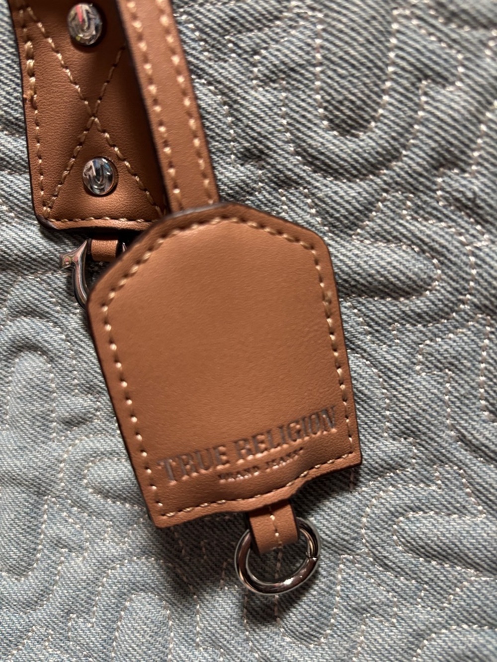 True Religion Light Blue Quilted Tote Bag with Tan Trim - Picture 2 of 11